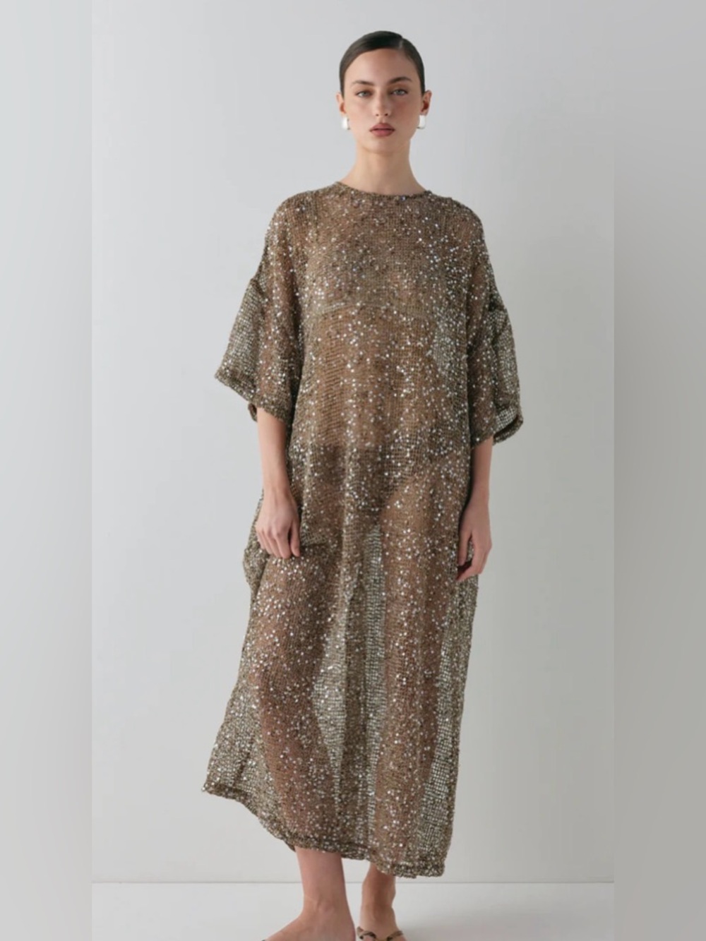 VRG GRL Ivette Sequin Oversized Midi Dress Mocha US 6